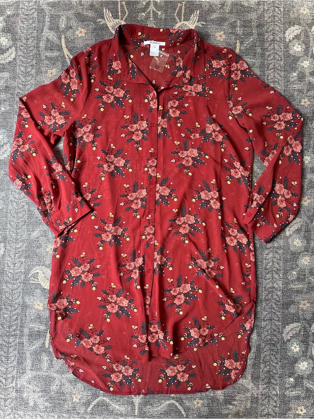 K.Jordan Rust Red Floral Tunic Button Down XL